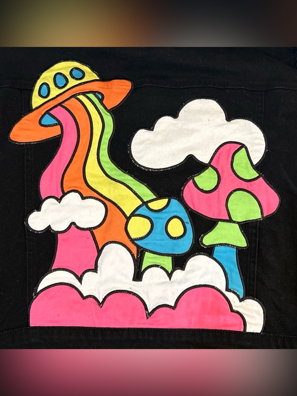 Current Mood Black Jacket with Neon Rainbow UFO Mushroom Graphic